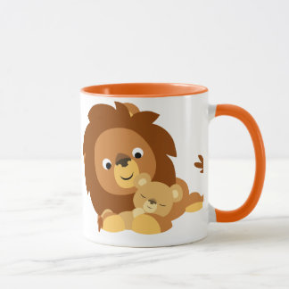 Papá del león del dibujo animado y taza cariñosos