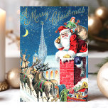 Papá Noel Chimney Feliz Navidad<br><div class="desc">Vintage Santa Claus Chimney Merry Christmas Card. Este diseño presenta a Santa Claus con su reno bajando por la chimenea. Qué bella escena de vacaciones retro. Personalice este diseño personalizado con su propio saludo interno.</div>