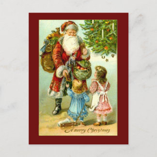 Papá Noel con tarjeta de arte vintage para dos niñ
