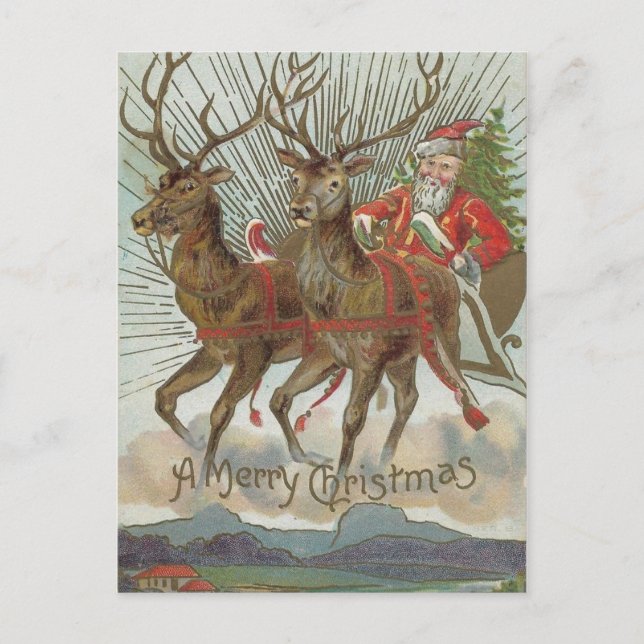 Papá Noel con tarjeta de Navidad para renos (Anverso)