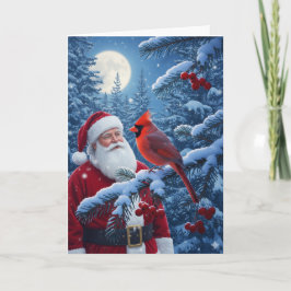 Papá Noel de Navidad con cardenal en árbol nevado