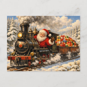 Papá Noel de Navidad en tren vintage con regalos