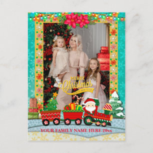 Papá Noel en tren con regalos y árbol de Navidad