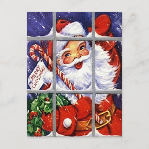 Papá Noel mira en tu tarjeta retro de ventana