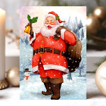 Papá Noel Vintage En La Postales De Vacaciones De<br><div class="desc">Papá Noel Vintage En La Postales De La Fiesta De Nieve. Hermosa postal antigua de Navidad. Este diseño muestra a Santa Claus tocando una campana mientras estaba de pie en la nieve con su pequeño amigo snowman. Qué hermosa escena de las vacaciones.</div>
