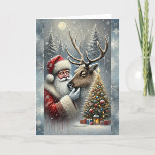 Papá Noel y Reno, Bosque Nevado, Árbol de Navidad 