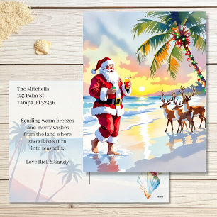 Papá Noel y renos en la playa Navidad en acuarela