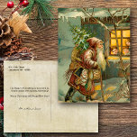 Papá viejo, Navidad en la nieve con regalos<br><div class="desc">Encantador ilustracion de tarjetas de Navidades victorianos en el que aparece el viejo mundo Padre Navidad caminando por la nieve llevando juguetes y un árbol a los niños en una acogedora casa de campo.</div>