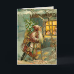 Papá viejo, Navidad en la nieve con regalos<br><div class="desc">Encantador ilustracion de tarjetas de Navidades victorianos en el que aparece el viejo mundo Padre Navidad caminando por la nieve llevando juguetes y un árbol a los niños en una acogedora casa de campo.</div>