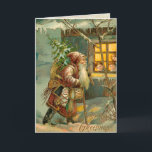 Papá viejo, Navidad en la nieve con regalos<br><div class="desc">Encantador ilustracion de tarjetas de Navidades victorianos en el que aparece el viejo mundo Padre Navidad caminando por la nieve llevando juguetes y un árbol a los niños en una acogedora casa de campo.</div>