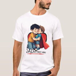 Papá y el hijo abrazan la camiseta con el corazón 