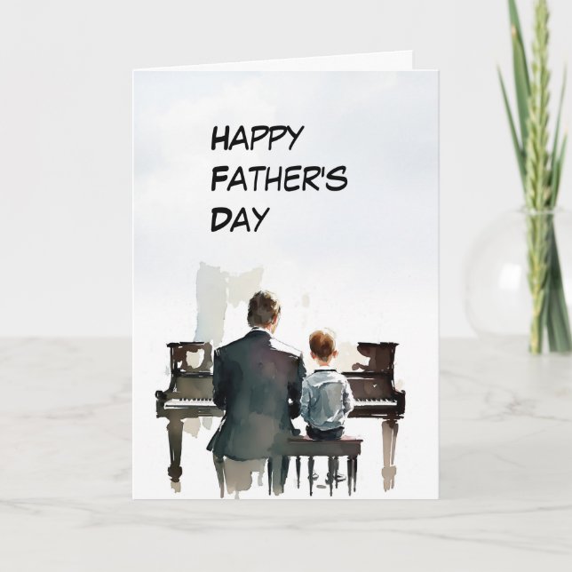 Papá y el hijo en la tarjeta del piano Día del Pad (Anverso)