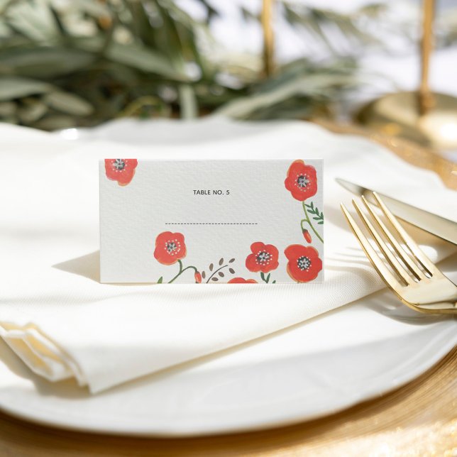 Papas rojas florales modernas tarjeta de boda (Red poppies modern floral wedding place card)