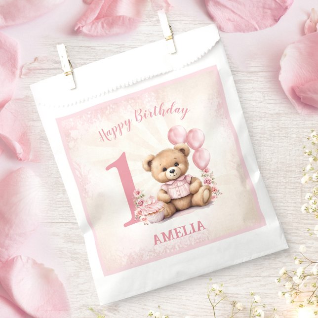 Papel 1.ᵉʳ cumpleaños Bolsa de Favor de Oso Rosa (1st Birthday Pink Teddy Bear Favor Bag)