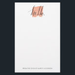 papel acuático con letras de mano de saludo<br><div class="desc">La mano decía "hola" en negro sobre una salpicadura de color melocotón. Divertido pero simple papel para ti mismo o un regalo! Edite el texto de abajo o borre si no lo desea. Haga clic en "personalizar" para añadir su toque personal.</div>