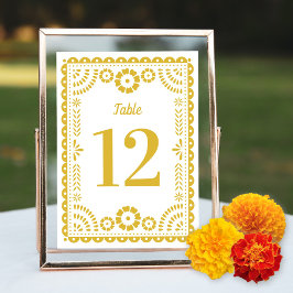 Papel amarillo cálido Picado Boda número de mesa