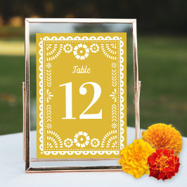Papel amarillo cálido Picado Boda número de mesa