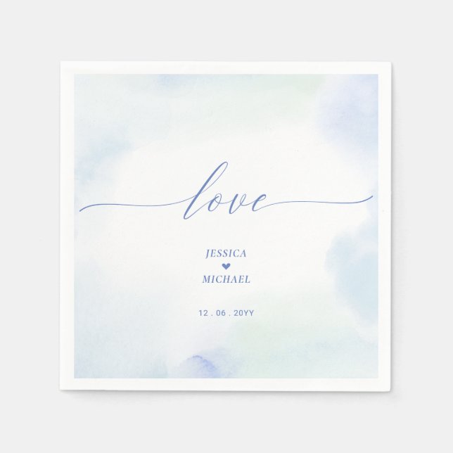 Papel Amor | Servilleta de boda de corazón azul y acuare (Anverso)