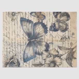 Papel antiguo con rosas de mariposas de tinta mono