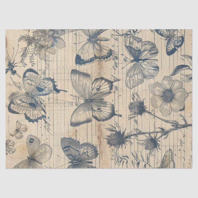 Papel antiguo con rosas de mariposas de tinta mono (Anverso)