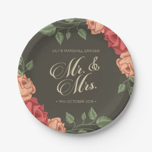 Papel Boda floral elegante de Sr. y Sra. Plato de pape