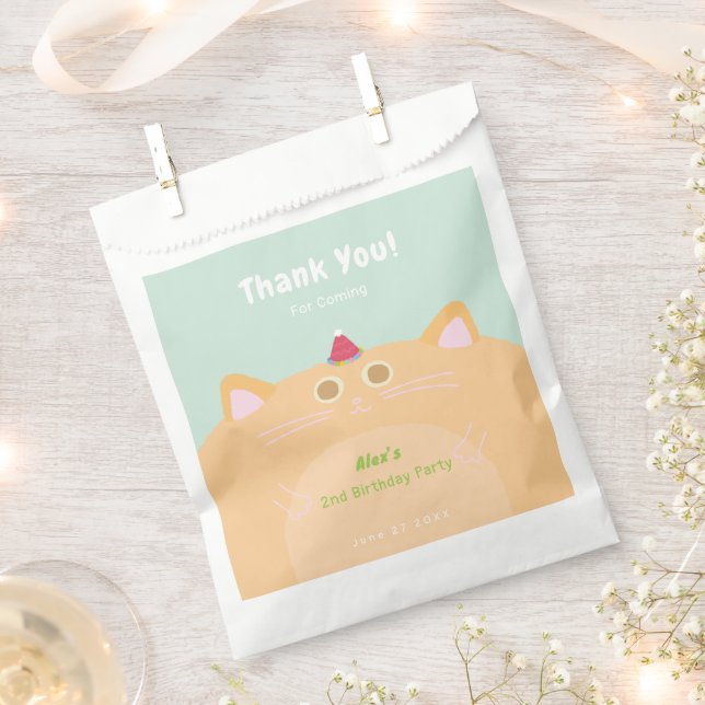 Papel Bolsa de Cumpleaños Verde Menta con Gato y Sombrer (Cortado)