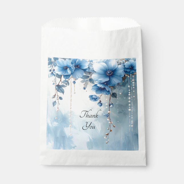 Papel Bolsa de Favor con Flores Azules y Perlas (Anverso)