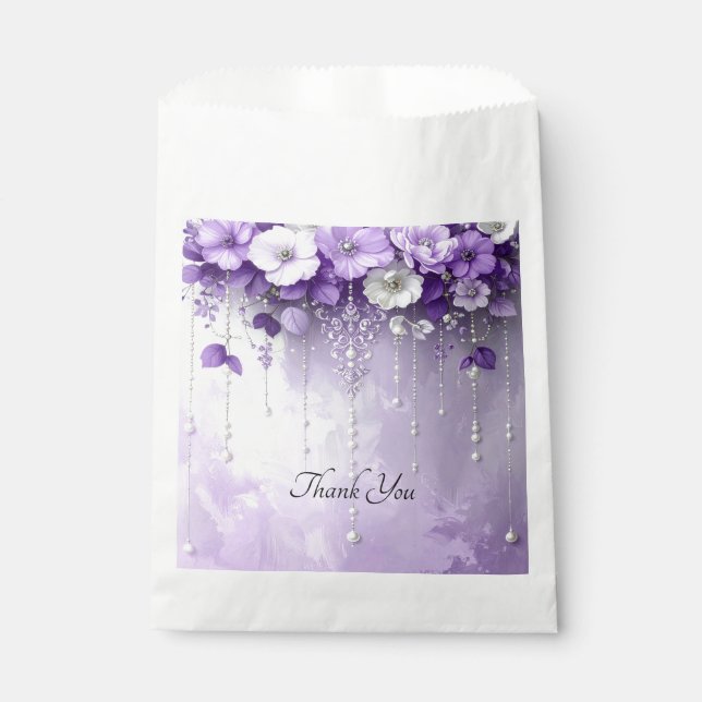 Papel Bolsa de Favor con Flores Purpúreas y Perlas Colga (Anverso)