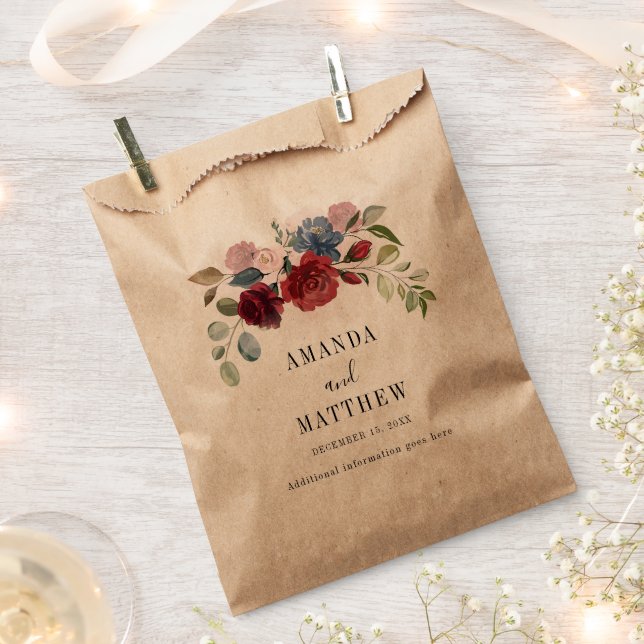 Papel Bolsa de Favor de Boda Rústica Floral Borgoña (Cortado)
