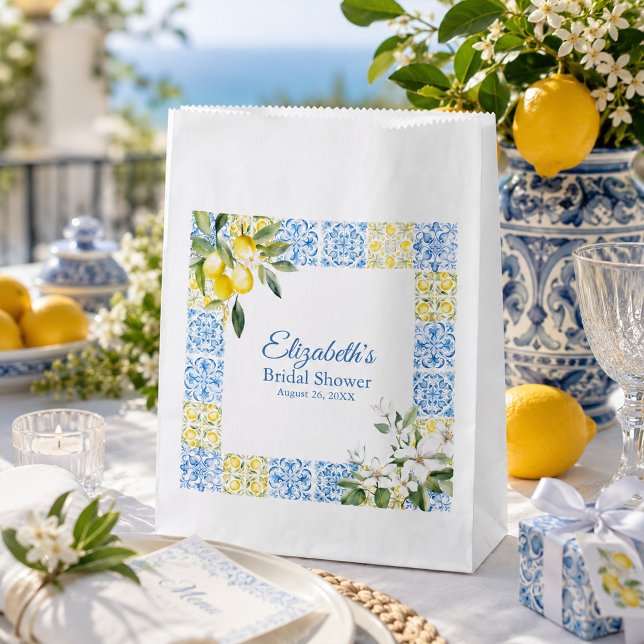 Papel Bolsa de Favor de Despedida de Soltera con Limón M (Mediterranean Lemon Bridal Shower Favor Bag)