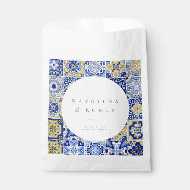 Papel Bolsa de Favor de la Boda Azul Mediterránea Tile & (Anverso)