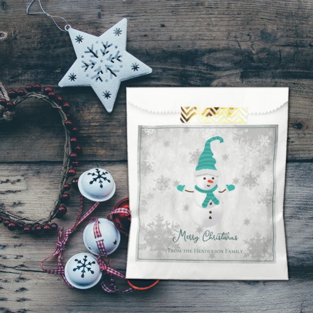 Papel Bolsa de Favor de Snowman verde azulado (Teal Cute Snowman Favor Bag)