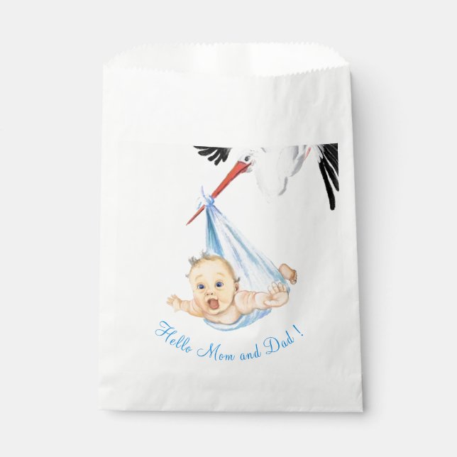 Papel Bolsa de Favor Divertida con Cigüeña Llevando Bebé (Anverso)