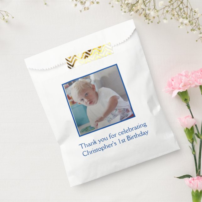Papel Bolsa de regalo de cumpleaños azul blanco con foto (Sellado)