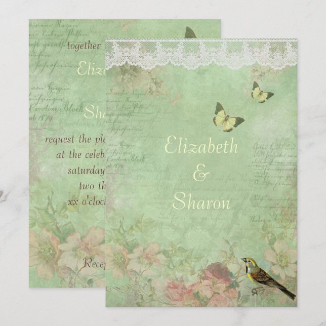 Papel bonito, viejo, invitación a la boda (Anverso / Reverso)