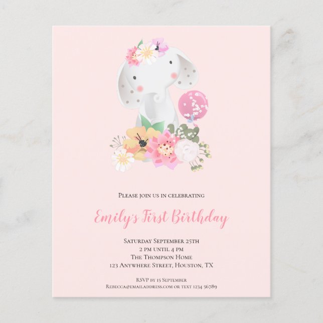 PAPEL | Chica rosa elefante Invitación de cumpleañ (Frente)