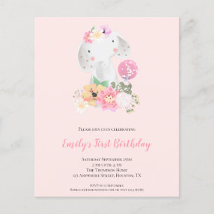 PAPEL   Chica rosa elefante Invitación de cumpleañ