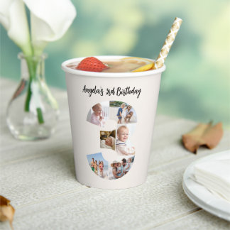 Papel Colaje de Fotos para Cumpleaños Número 3 en Vasos