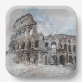 Papel Coliseo de Roma Italia Platos de Arte Acuare