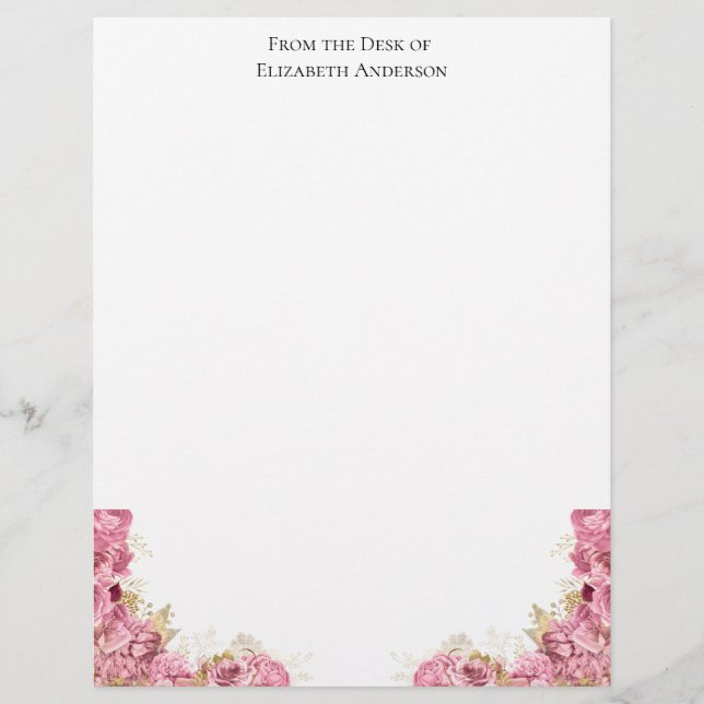 Papel con membrete floral de rosas rosadas persona (Anverso)