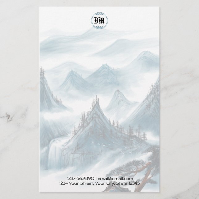 Papel con vista de montaña azul clásico blanco (Anverso)