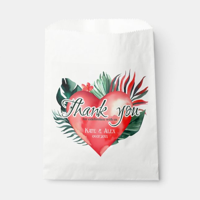 Papel Corazón de Palma Tropical Gracias Boda Favor Bolsa (Anverso)