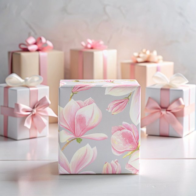 Papel de Acuarela con Patrón de Flor de Magnolia R (Elegant Pink Magnolia Flower Pattern Watercolor Wrapping Paper)