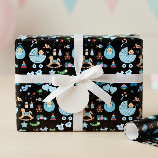 Papel de ajuste azul/negro de Baby Shower (Baby Shower Wrapping Paper )