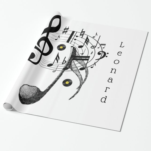 Papel de ajuste brillante, notas de música en blan (Desenrollado)