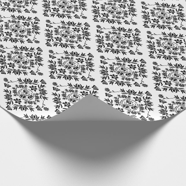 Papel de ajuste de Damasco floral en blanco y negr (Esquina)