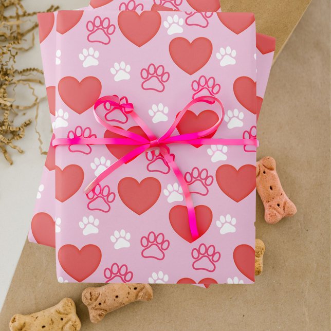 Papel de ajuste de El día de San Valentín de coraz (Cute dog paw and heart print wrapping paper)