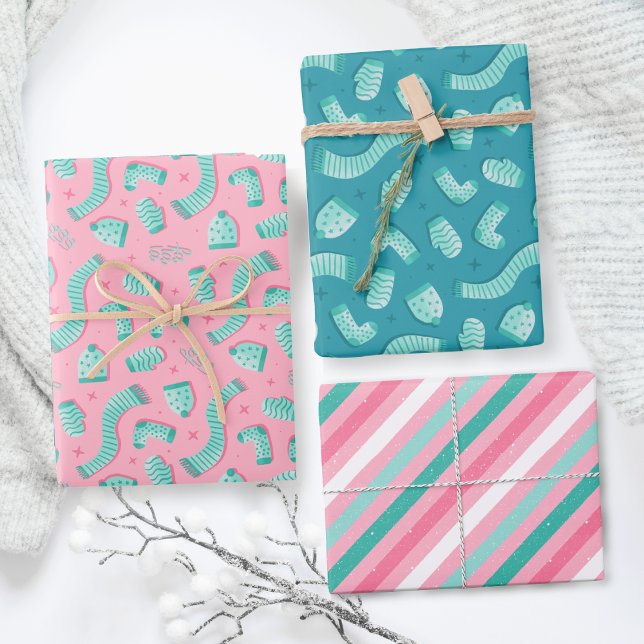 Papel de ajuste de Navidades rosados del patrón de (Modern and festive Winter holiday pink and teal pattern gift wrapping paper.)