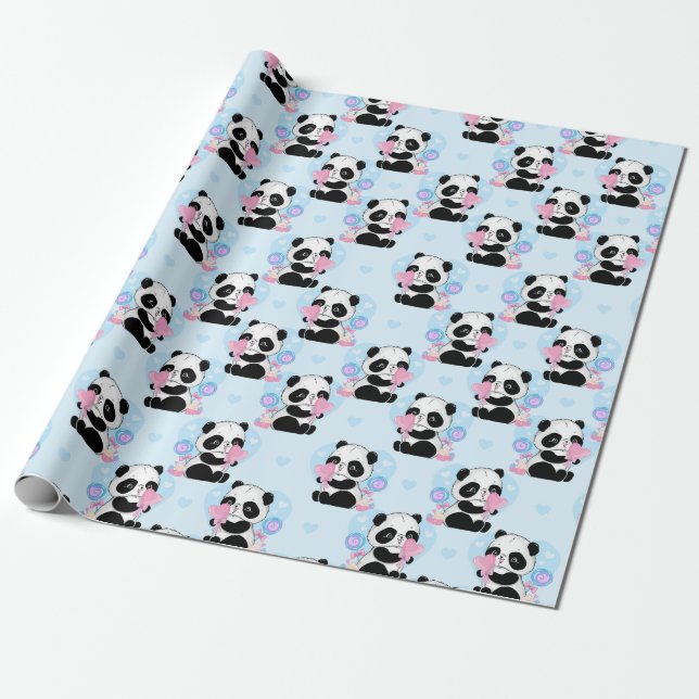 Papel de ajuste de Pandas el día de San Valentín (Desenrollado)