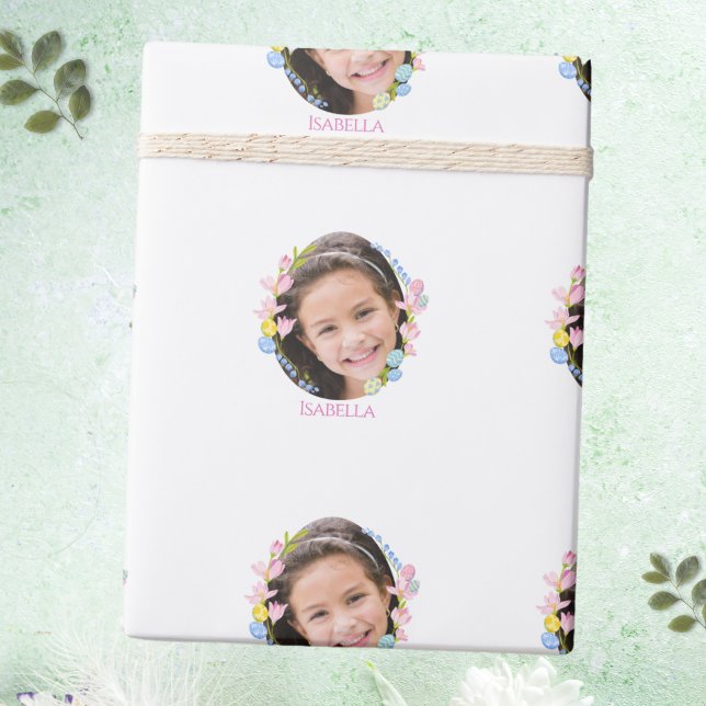 Papel de ajuste de Pascua con foto y nombre - Blan (Easter Wrapping Paper with Photo & Name - White)